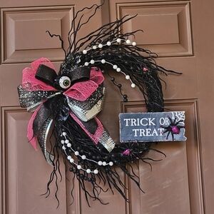 Handmade Halloween Wreath black glitter wreath frame multi ribbon bow and sign